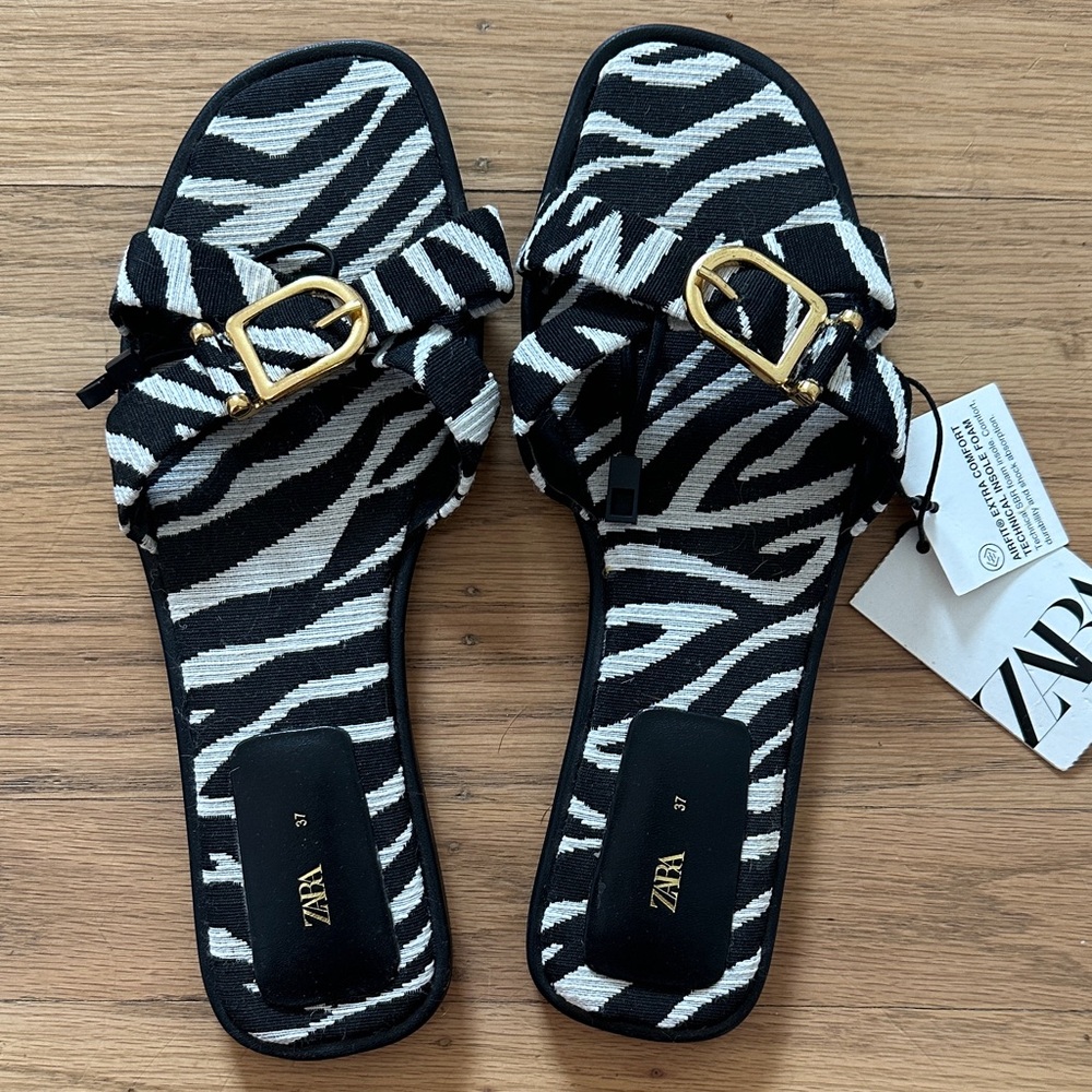 Zara Zebra Pattern Sandals with Gold Buckle